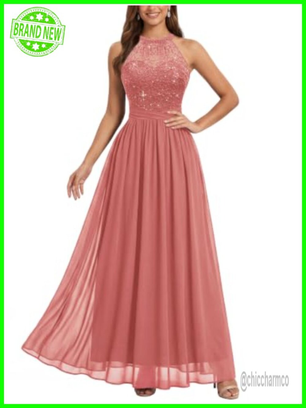 Women's Sequin Lace Halter Tie Formal Maxi Dress